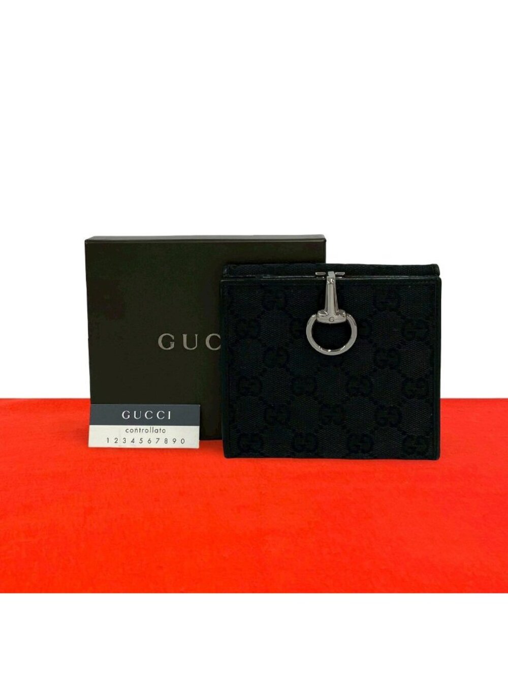 Gucci GG Pattern Logo Canvas Leather Bifold Wallet Card Case Coin Purse Black